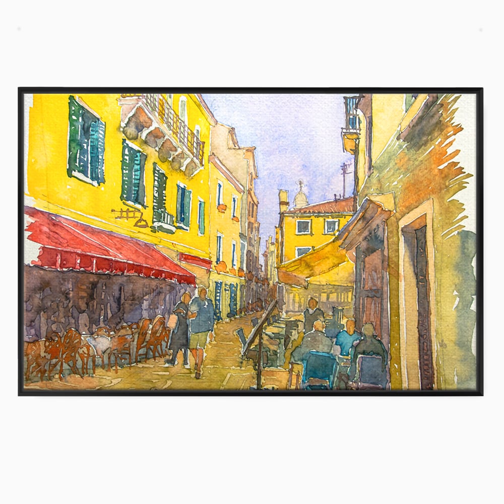Tablou canvas cu pictura acuarela strada cu terase, in rama de aluminiu negru